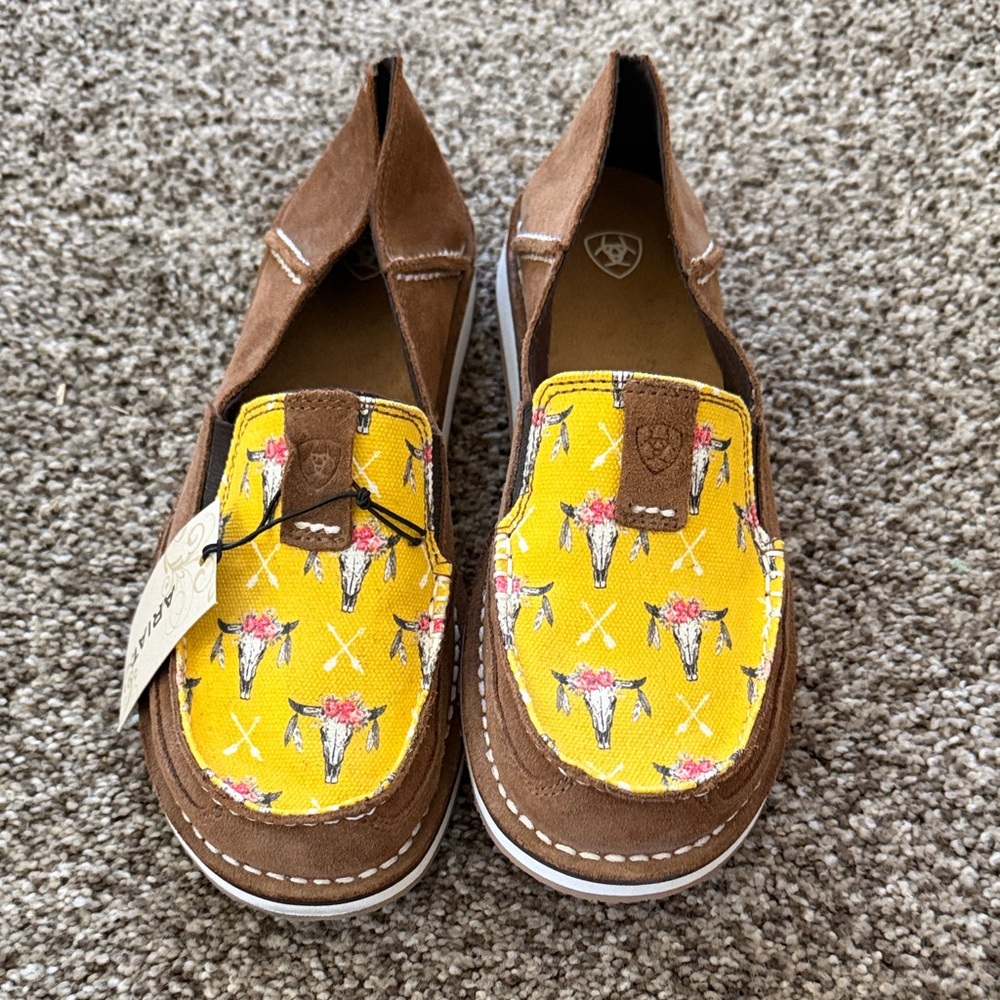 Ariat Kids Brown Suede Moccasins with Yellow Floral Bull-Head Print